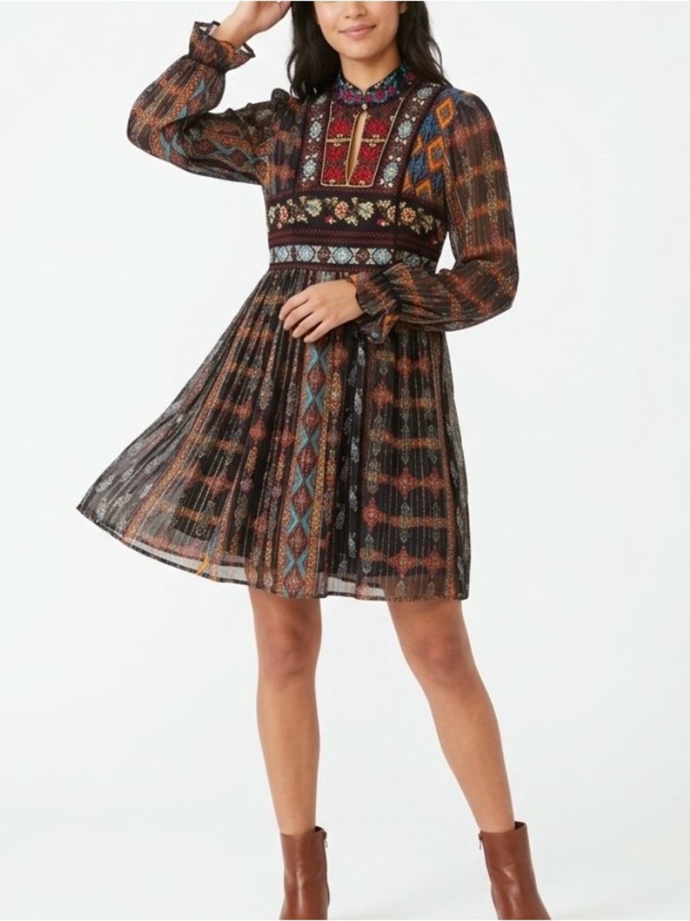 Anthropologie Akemi + Kin Sheria Metallic Embroidered Boho Mini Dress Size 2 US